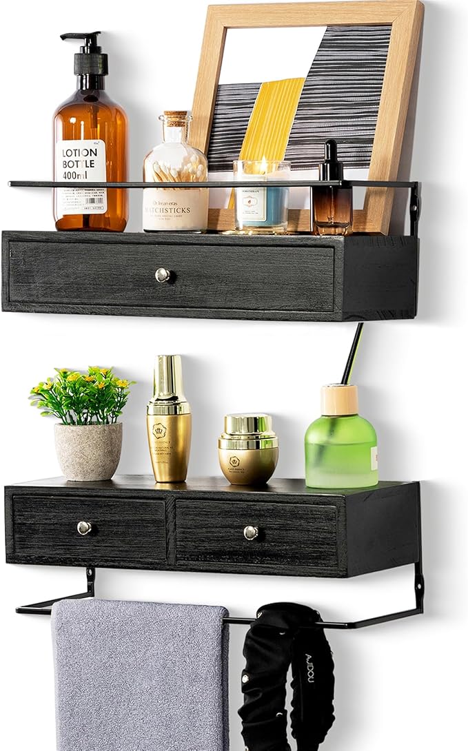 DreamPossible Floating Shelves - Wall Mounted Bathroom Shelf Set of 2 with Drawers, Rustic Wood Shelves for Bedroom, Living Room, Kitchen, Home Decor, Plants, Books (Black)