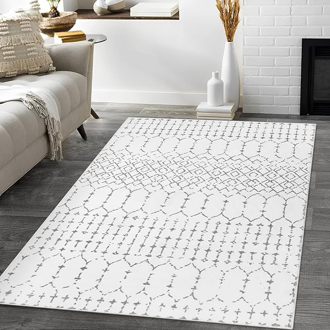 Lahome Moroccan Washable Living Room Rug 3x5 Area Rugs for Bedroom Throw Non-Slip Low-Pile Entryway Rug Bathroom Rugs Soft White Distressed Indoor Capet for Office Kitchen Laundry Dining Room Hana