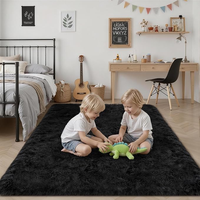 Fluffy 5x7 Area Rugs for Living Room Bedroom: Ultra Soft Shag Rug Non-Slip Non-Shedding Small Plush Bedside Rug Indoor Floor Carpets for Kids Room Playroom Entryway Nursery Dorms Home Decor Black