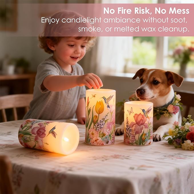 LUSHARBOR Flameless Candles with Remote, Battery Operated Candles Real Wax Hummingbird Flickering LED Candles Floral Christmas Decor Electric Pillar Candles Set of 3