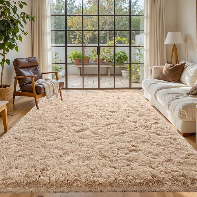 6x9 Living Room Rugs Fluffy Neutral Beige Area Rug,Modern Plush Non-Slip Soft Bedroom Shag Carpet for Book Room Office,Coffee Stain Resistant