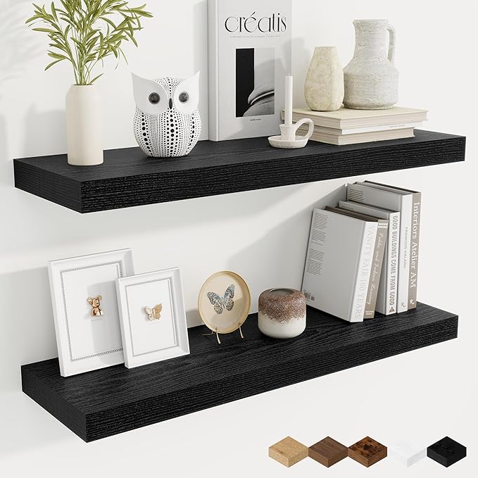 Fun Memories 9.3Inch Deep Floating Shelves for Wall, 32 Inch Rustic Wood Wall Mounted Shelves for Bathroom, Bedroom, Kitchen, Deep Floating Shelf for Storage & Home Decor (Black, Set of 2)