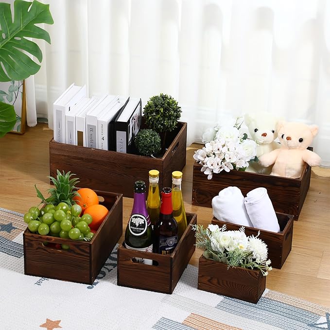 AceOrbit Set of 6 Wood Crates with Handles, Rustic Decorative Storage Boxes Distressed Wooden Nesting Display Baskets for Farmhouse, Wedding, Party Storage Display Supplies(Classic Brown)