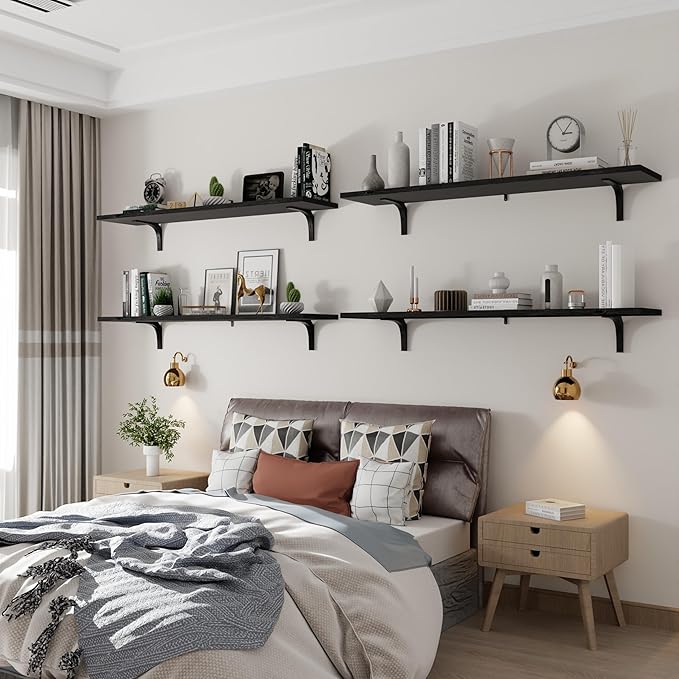 12 Inch Deep Floating Shelves Set of 4, 48 Inch Wide Black Solid Wood Wall Shelves, 4ft Heavy Duty Farmhouse Wall Mounted Shelving for Kitchen, Living Room & Bedroom
