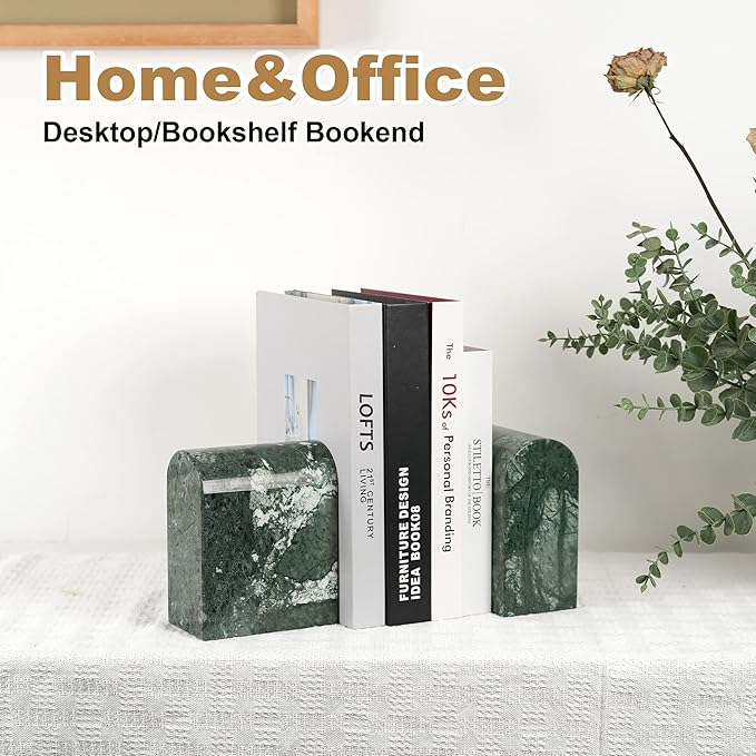 Koville Indian Natural Marble Bookends for Shelves, 13LBS Non-Slip Book Ends, Heavy Duty Marble Book Holders Organizer, Bookshelf Apartment Decor for Movies/CD/Video Games(Indian Green)