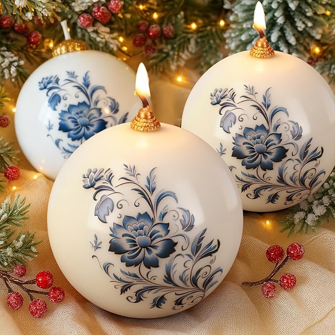 Conelist 3 Pcs 3" Chinoiserie Porcelain Decor Round Ball Candles Blue and White Floral Round Pillar Candles Set Unscented for Spring Tables Centerpiece Bridal Wedding Shower Home Decoration Party Gift