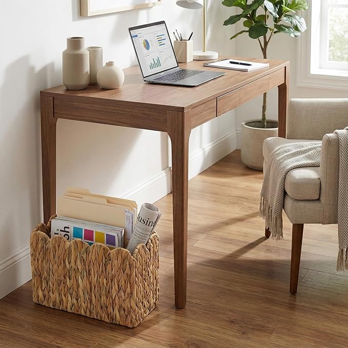 Water Hyacinth Magazine Holder for Floor, Wicker Magazine Basket, Tall Narrow Magazine Rack & File Holder for Books, Mail & Newspapers, Scalloped Storage Basket for Living Room, Office, Bedroom