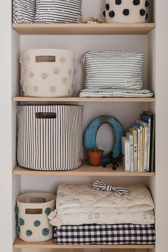 Pehr Pom Pom Basket, Pint (Grey) | 100% Cotton Canvas Storage for Nursery, Playroom & Home | Decorative Organizer | 10”D x 9”H