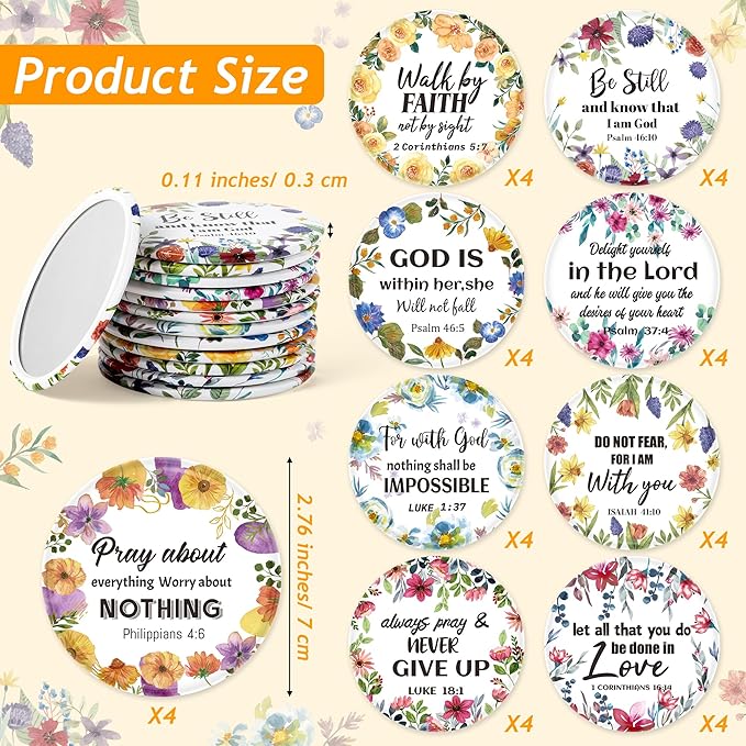 Y1tvei Bible Verse Compact Mirrors - 36Pcs Floral Bible Verse Mini Compact Mirrors Christian Gifts Bulk Inspirational Small Portable Round Pocket Makeup Mirror for Purse Church Party Favors for Women