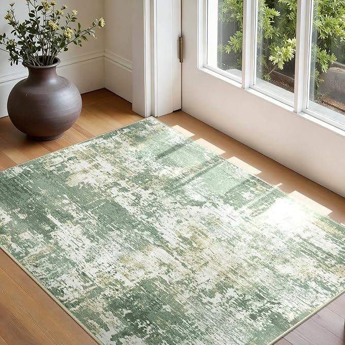 RELEANY Washable Area Rugs 3'x5' Non-Slip Modern Abstract Soft for Living Room Entryway Bedroom Nursery, Print Pattern, Light Green/Yellow