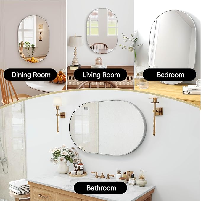 SCWF-GZ 36x24 Mirror Runway Oval Wall Mounted Aluminum Alloy Metal Frame Rectangle Mirrors for Entryway Bedroom Bathroom Living Room 36 24 inch Silver