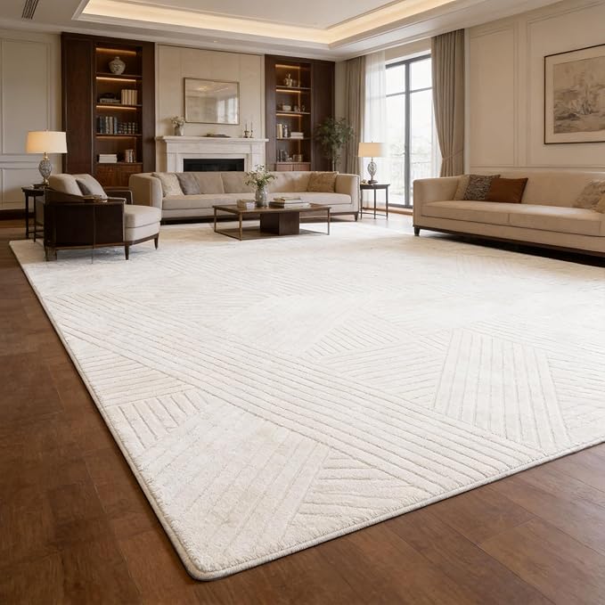 8x10 Solid Color Area Rug, Washable Beige Modern Geometric Living Room Rug,Minimalist Linear Carpet with Soft High-Low Pile, Fluffy Floor Rugs for Bedroom, Kids Room, Nursery, Home Déco