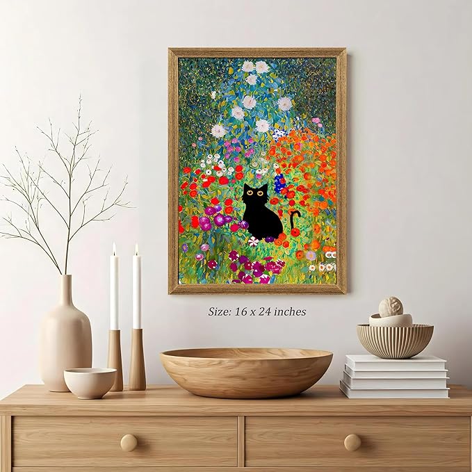 Fantasy Artists Gustav Klimt Canvas Wall Art, Framed Aesthetic Cat Floral Wall Decor, Garden Flower Black Cat Poster Paintings for Living Room Bedroom Bathroon, Dorm Home Decorations, 16" X 24"