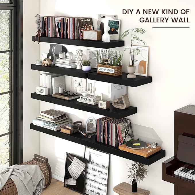 Venusmiles Floating Shelves for Wall, Engineered Wood Wall Shelves with Invisible Brackets for Living Room Bedroom Bathroom Office Kitchen Decor and Storage (Black, 55" W x 9" D x 1.5" H) Set of 1