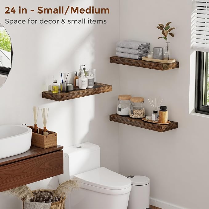 Heimlove 16 Inch Floating Shelves for Wall Set of 2, Rustic Brown Wall Mounted Wood Shelves 8 Inch Deep with Invisible Brackets for Bedroom Kitchen Living Room