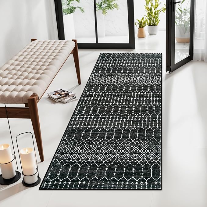 Lahome Moroccan Black Area Rug Non-Slip Low-Pile Washable Entryway Rug Kitchen Bath Mat 2'x4' Geometric Print Carpet for Hallway Bedroom Hana