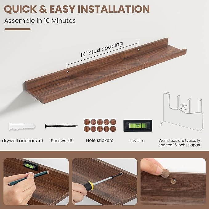 Fun Memories Picture Ledge Shelf, Floating Shelves Set of 4, 32 Inch Picture Shelves for Wall with Ledge, Large Nursery Book Shelf for Toys Storage, Living Room, Bedroom Decor Frames, Walnut