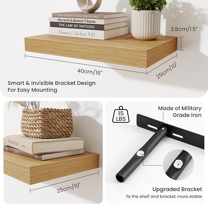 Fun Memories Floating Shelves for Wall - 10 x 16 Floating Shelf - Rustic Wood Storage Shelf - Wall Shelves with Invisible Bracket - 16" Bookshelves for Living Room & Bedroom - Oak - Set of 2