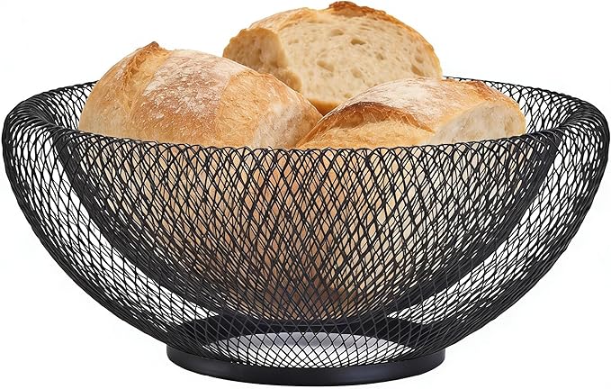 Modern Black Wire Mesh Decorative Bowl – Openwork Fruit Basket for Bread, Snacks, Storage Tray for Kitchen, Living room and home décor. (10”x4”)