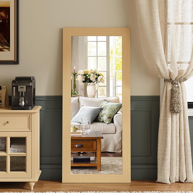 Syndra Modern Full Length Mirror Wood Frame, 56x20'' Large Floor Mirror with HD Tempered Glass & Wall Mount Option, Rectangular Standing Mirror for Bedroom, Living Room, Entryway, Farmhouse(Natural)