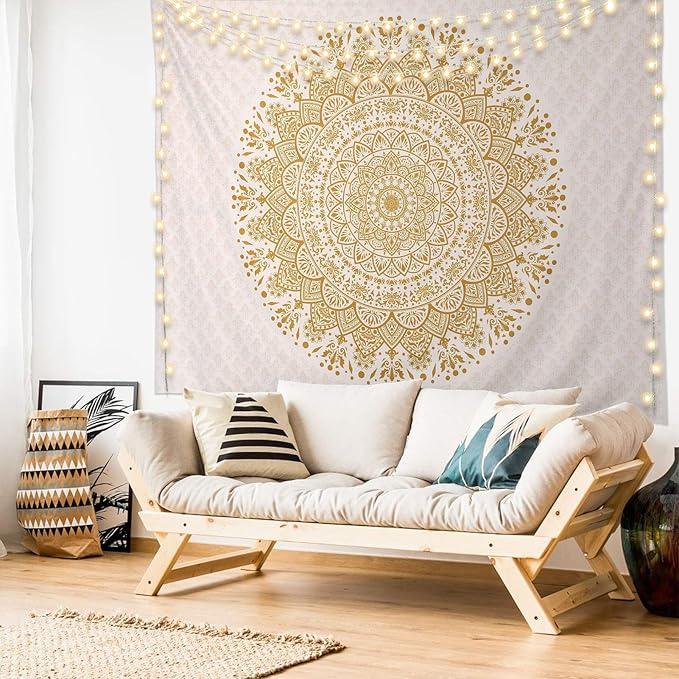 Edeesky White Golden Mandala Tapestry Wall Hanging Psychedelic Medallion Wall Tapestry Aesthetic Indian Hippie Decor Bohemian Art Boho Home Decoration for Bedroom,Living Room,Dorm