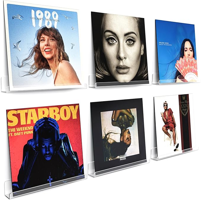 Laurensory Vinyl Record Shelf Wall Mount, 12 inch Clear Acrylic Album Record Holder Display, Floating Shelves for Wall, Magazine Shelf, Kids Bookshelf, Suitable for Bedroom, Living Room, etc.—6 Pack