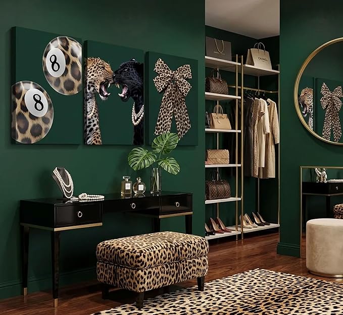 3Pcs Trendy Leopard Canvas Wall Art Funky Lucky 8 Ball Pictures Wall Decor Cheetah Bows Preppy Aesthetic Posters Prints Paintings for Bedroom Dorm Living Bathroom Decoration Prepare To Hang
