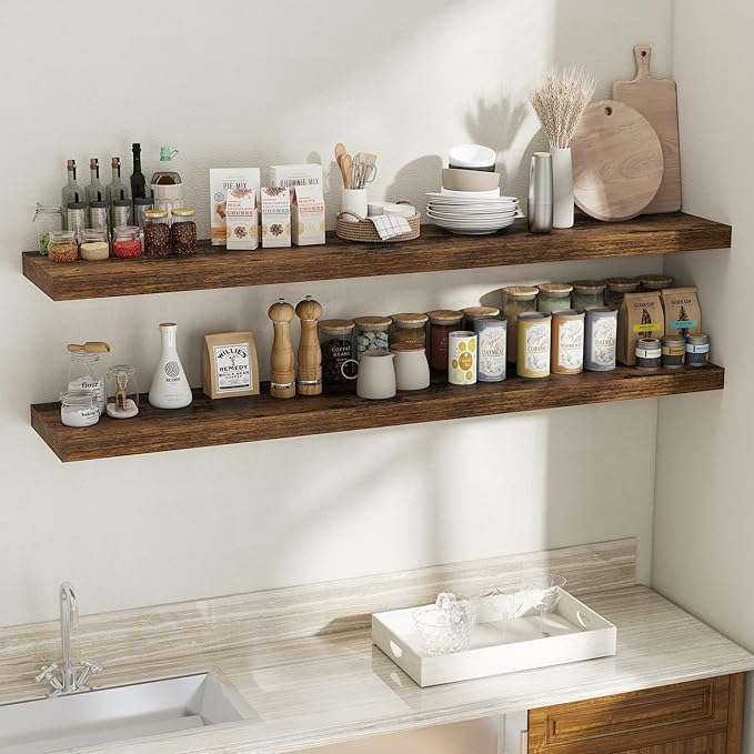 Fun Memories 12 Inch Deep Floating Shelves, 67 Inch Long Extra Large Floating Shelves for Home & Office, Wall Shelves with Invisible Bracket, Rustic Brown, Set of 2