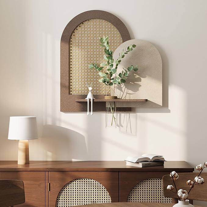 Troartos 3D Textured Boho Wall Decor with Shelf, Neutral Beige Brown Woven Rattan Sandstone Wall Art, Minimalist Arched Artwork for Living Room, Hallway, Kitchen, Bedroom, Office, 24x24 Inch
