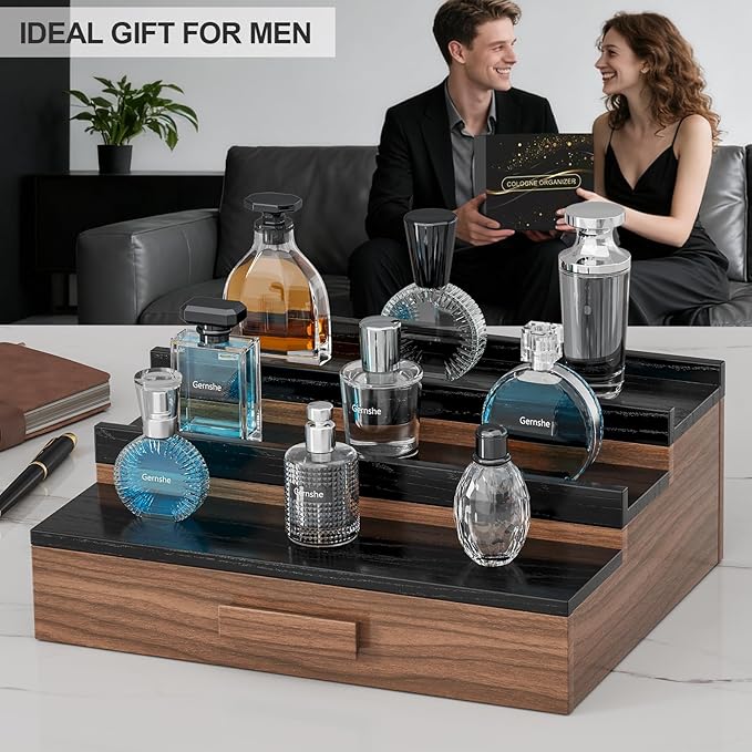 Solid Walnut Cologne Organizer for Men,Cologne Stand,3 Tier Wooden Cologne Holder Shelf Display,Perfume Stand Organizer with Drawer Storage and Hidden Compartment,Gift for Men Dad Husband
