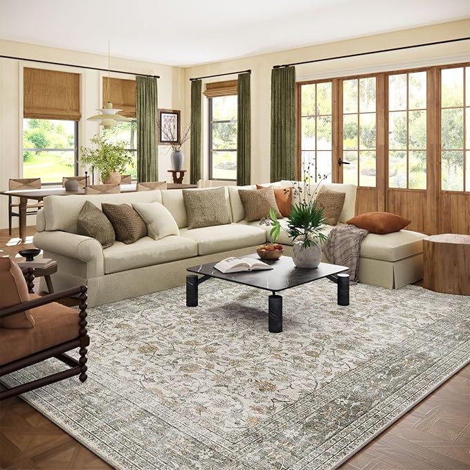 10x12 Large Rugs for Living Room: Washable Rug Stain Resistant Non Slip Distressed Vintage Rug Low Pile Faux Wool Soft Carpet for Bedroom Farmhouse Dining Room Kids Playroom Nursery