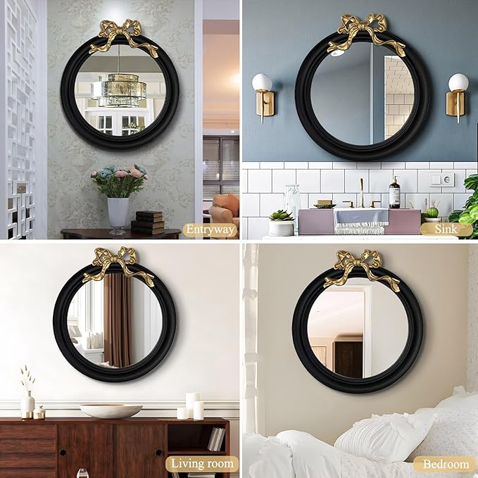25x25 inch Bow Antique Round Mirror for Wall, Gold & Black Decorative Wall-Mounted Circle Mirror, Perfect for Bedroom, Hallway, Living Room Décor, and Bathroom Vanity