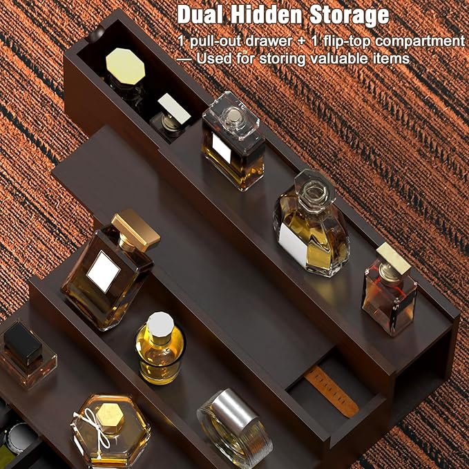 Sunexinlo 4 Tier Cologne Organizer for Men, Black Walnut Wooden Perfume Display Stand with Drawer Divider Dual Hidden Storage Compartments, Shelf for Cologne Watch Jewelry Skincare Grooming, Ideal Birthday Gift for Men and Fathers