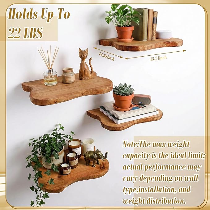 Pinkunn 4 Pcs Floating Shelves for Wall Wooden Live Edge Shelf Wall-Mounted Natural Solid Wood Bedroom Kitchen Storage Living Room Nursery Decor (15.74 Inch)