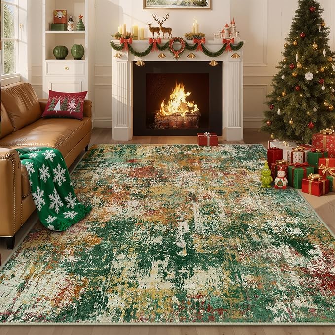 RELEANY Washable Area Rugs 4'x6' Non-Slip Modern Abstract Soft for Living Room Entryway Bedroom Nursery, Print Pattern, Green Orange Rust Red Cream Colorful