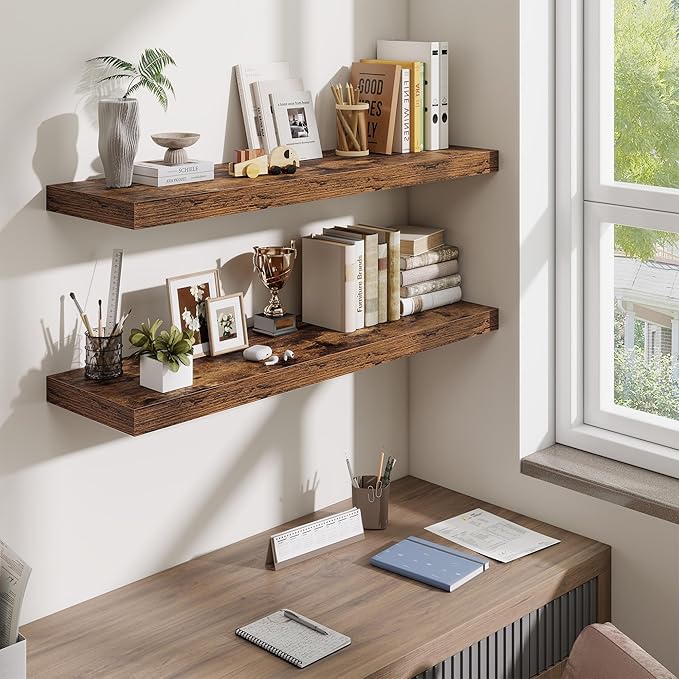 Fun Memories Floating Shelves Set of 2, 40 Inch Long Wooden Wall Shelves, 10 Inch Deep Wall Mounted Storage Shelf with Metal Brackets for Living Room, Bathroom, Bedroom and Kitchen, Rustic Brown