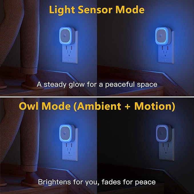 YUNLEX 2 Pack Plug in Night Light with Motion Sensor & Dusk to Dawn Sensor, 3 Sensor Modes, Auto ON/Off, Dimmable, Night Lights Plug into Wall for Bathroom, Kitchen, Adults, Indoor, Light Blue