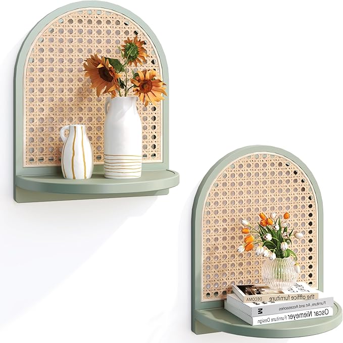 Arched Rattan Wall Shelf - Boho Rattan Floating Shelf with Grooved Edge, Unique Small Display Shelves, Natural Pine Wood Wall Decor for Bedroom, Living Room, Nursery Room, Set of 2, Green