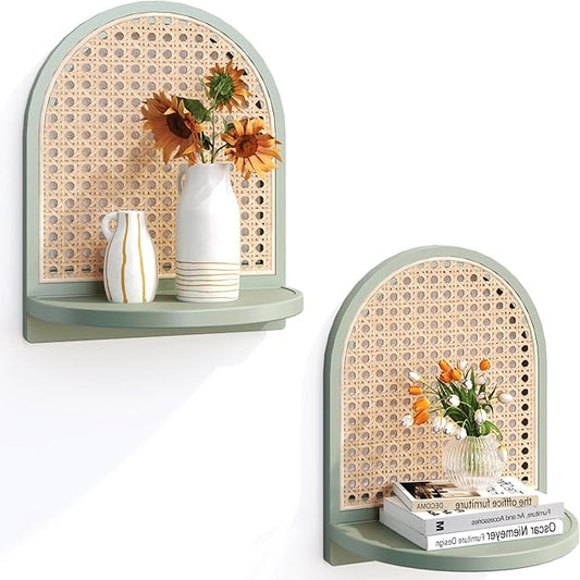 Arched Rattan Wall Shelf - Boho Rattan Floating Shelf with Grooved Edge, Unique Small Display Shelves, Natural Pine Wood Wall Decor for Bedroom, Living Room, Nursery Room, Set of 2, Green