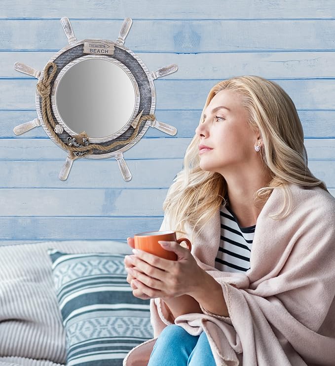 CoTa Global Silver Sea Beach Wall Decor Nautical Ship Wheel Mirror - Handcrafted Wooden Ship Wheel Mirror with Hanger, Nautical Themed Home Decor, Decorative Ornament