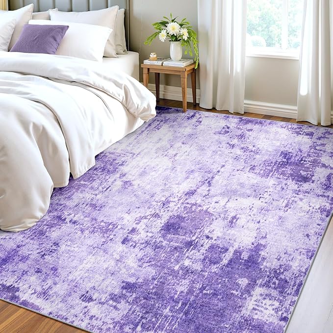 RELEANY Washable Area Rugs 4'x6' Non-Slip Modern Abstract Soft for Living Room Entryway Bedroom Nursery, Print Pattern, Purple Gray Pink White