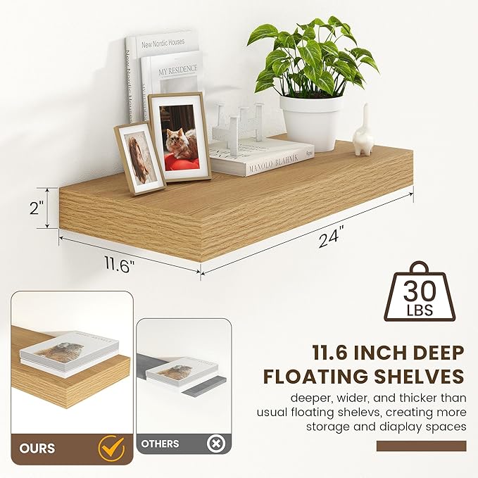 FLYJOE 12 Inch Deep Floating Shelves | 24 Inch Oak Floating Shelves | 24" W x 12" D Rustic Wood Shelves for Wall | Deep Shelves for Living Room Bathroom Laundry Room Kitchen