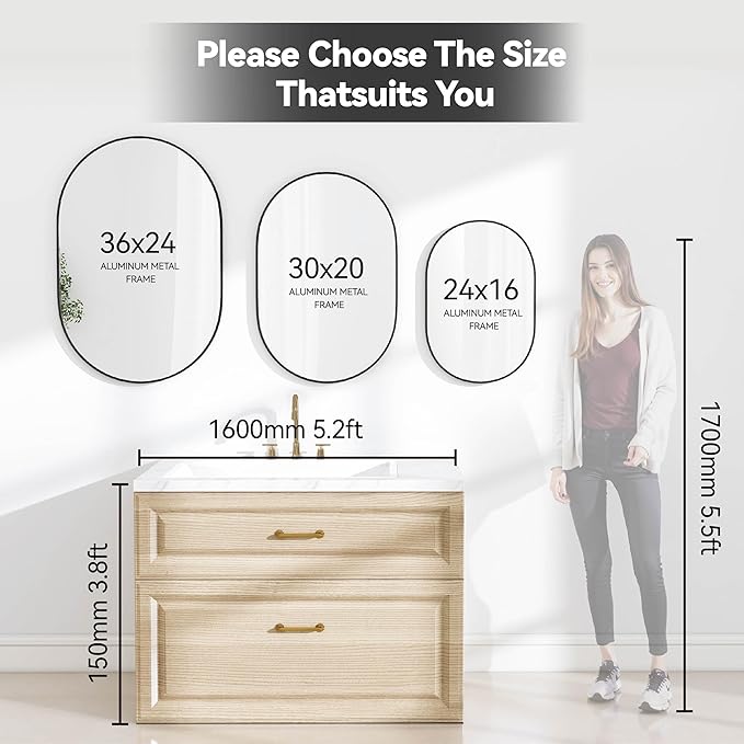 SCWF-GZ 36x24 Mirror Runway Oval Wall Mounted Aluminum Alloy Metal Frame Rectangle Mirrors for Entryway Bedroom Bathroom Living Room 36 24 inch Silver