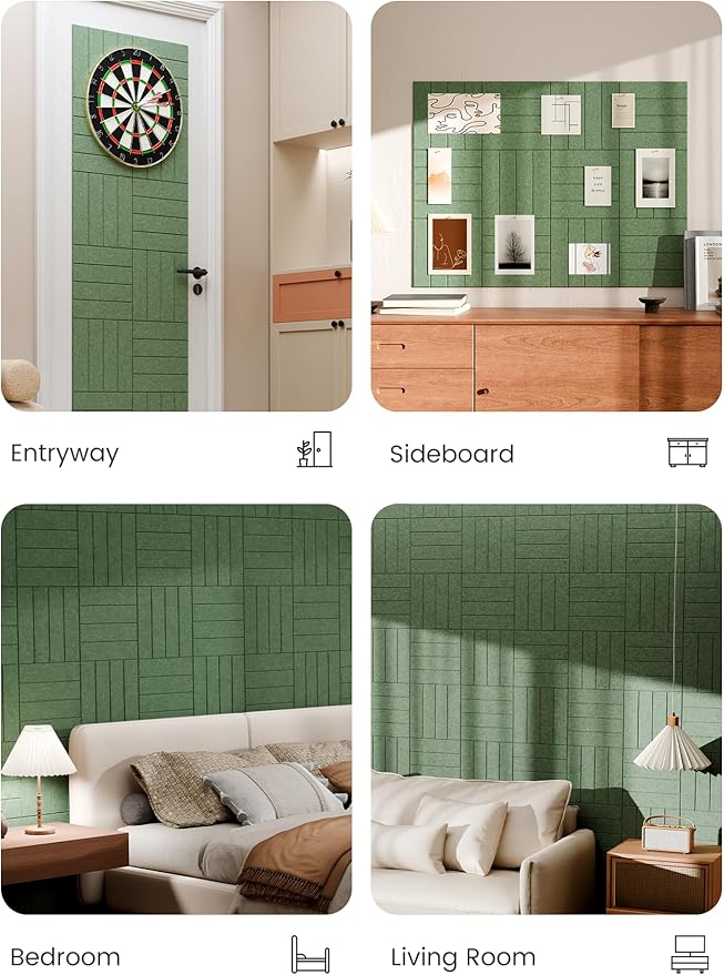 Bumusty Large Cork Board Alternative-48 x 36" Felt Bulletin Board Tiles, with 30 Pushpins, 70 Adhesive Tabs, Bold-Stripe 12-Pack, Cork Boards for Office Push Pin Board Felt Board-Moss Green