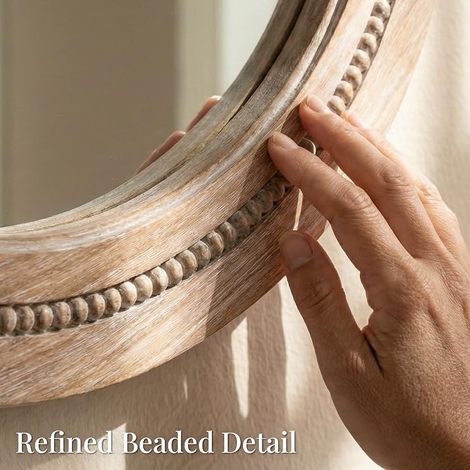 30" Round Solid Wood Mirror for Bathroom Vanity, Handcrafted Beaded Circle Wall Mirror - Natural Boho Farmhouse Decor for Entryway & Bedroom
