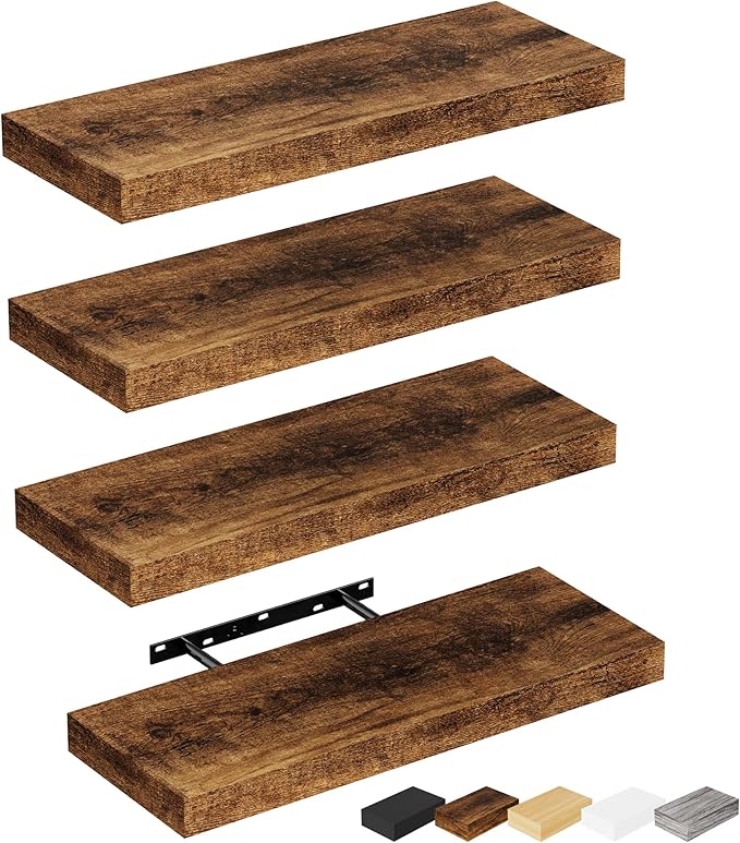 Bellsal Floating Shelves for Wall, Rustic Brown Wood Wall Shelf Set of 4, 16" Walls Mounted Floating Shelf for Kitchen, Living Room, Bedroom, Bathroom Storage, Book Shelf for Walls Home Decor