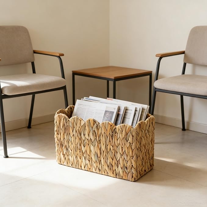 Water Hyacinth Magazine Holder for Floor, Wicker Magazine Basket, Tall Narrow Magazine Rack & File Holder for Books, Mail & Newspapers, Scalloped Storage Basket for Living Room, Office, Bedroom