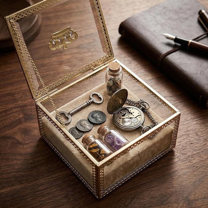 Veemoon Elegant Small Glass Jewelry Storage Box Clear Decorative Jewelry Display Case Lady Square Keepsake Box Trinket Organizer Vintage Make up Storage can for Earrings Pendants Cosmetic, 3.5×2.3"
