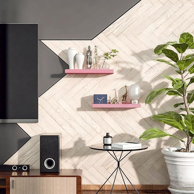 Love-KANKEI Floating Shelves Wall Mounted Set of 2, 17 Inch Rustic Wood Wall Shelves for Storage, Bedroom Living Room Bathroom Kitchen Office and More Pink