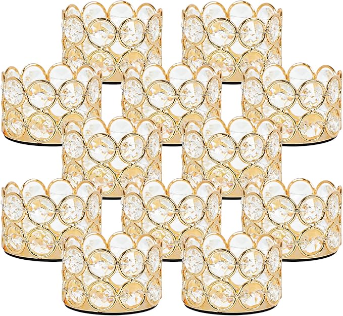 VINCIGANT Pack of 12 Gold Crystal Tea Light Candle Holders for Wedding Home Table Centerpiece Decoration, Valentine's Day Gifts (Candle Excluded)